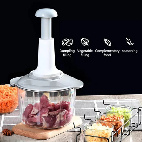 Manual Hand Operated 2000 ML Chopper Pump Action With Free 3 Blades Food Processor Portable Container And Easy To Clean Kitchen Gadget.