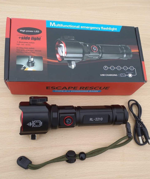 Multifunction 8in1 Portable Led Flashlight Rechargeable LED Torch Flashlight | Car Emergency Tool with Window Breaker Hammer | Cutter | Flashlight Household Rechargeable Ultra Strong Outdoor Bright Led Flashlight